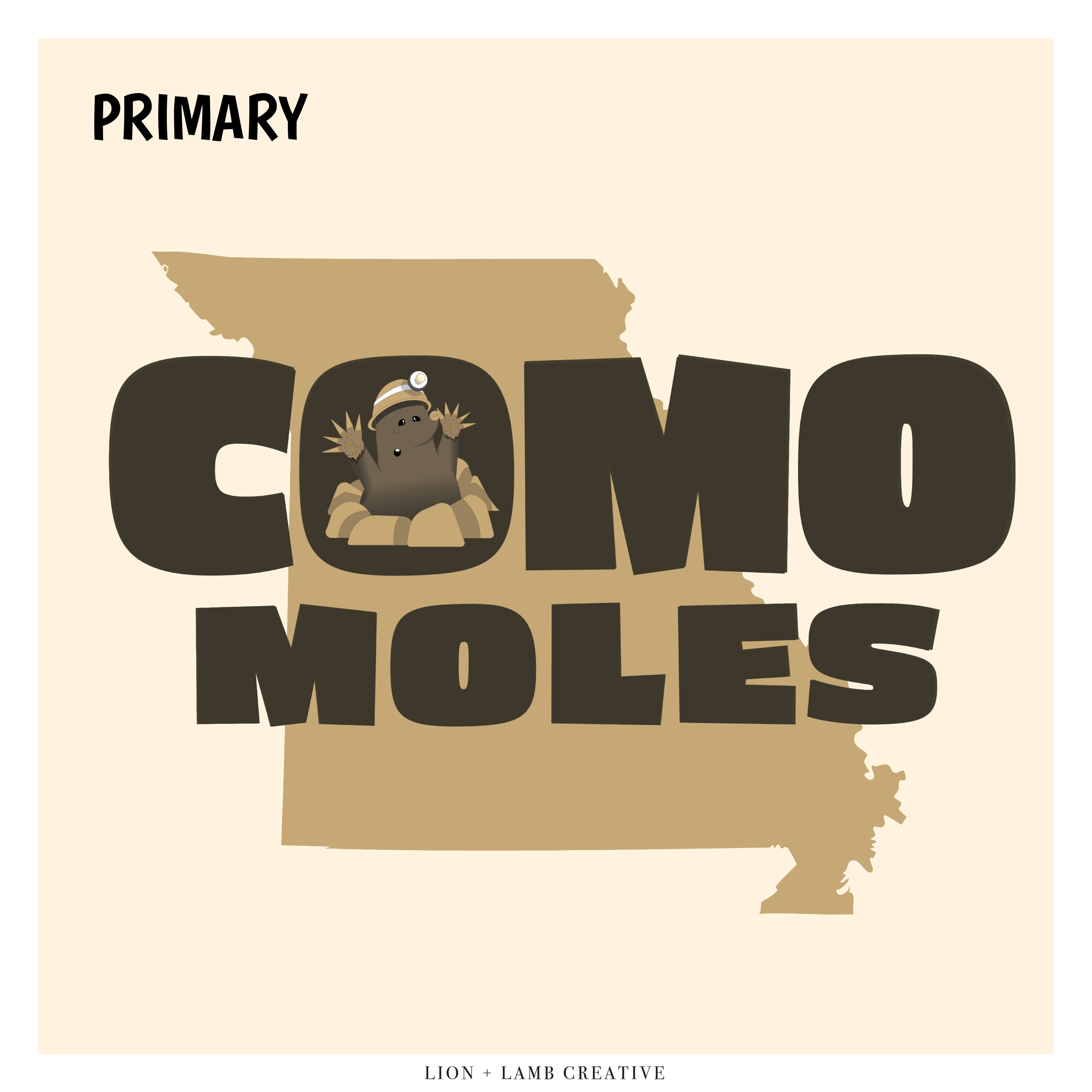 Primary COMO Moles logo set over the outline of Missouri