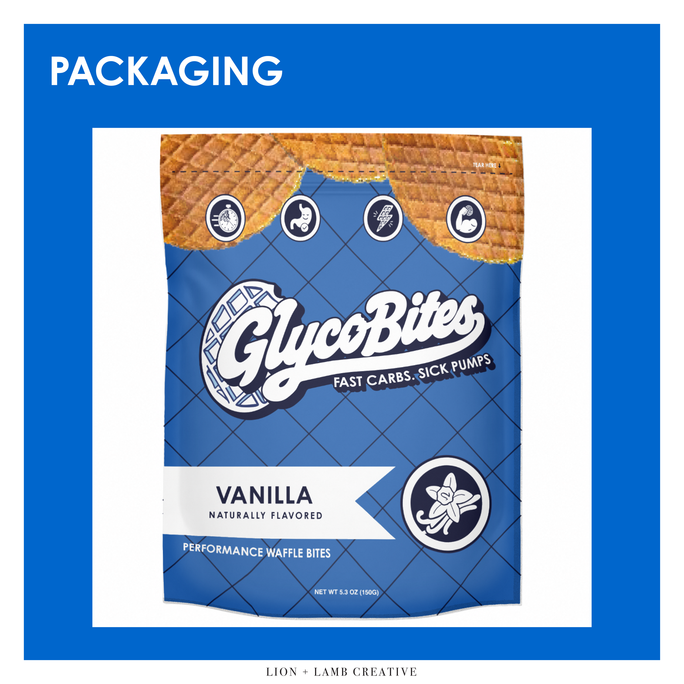 GlycoBites vanilla performance waffle bites packaging concept