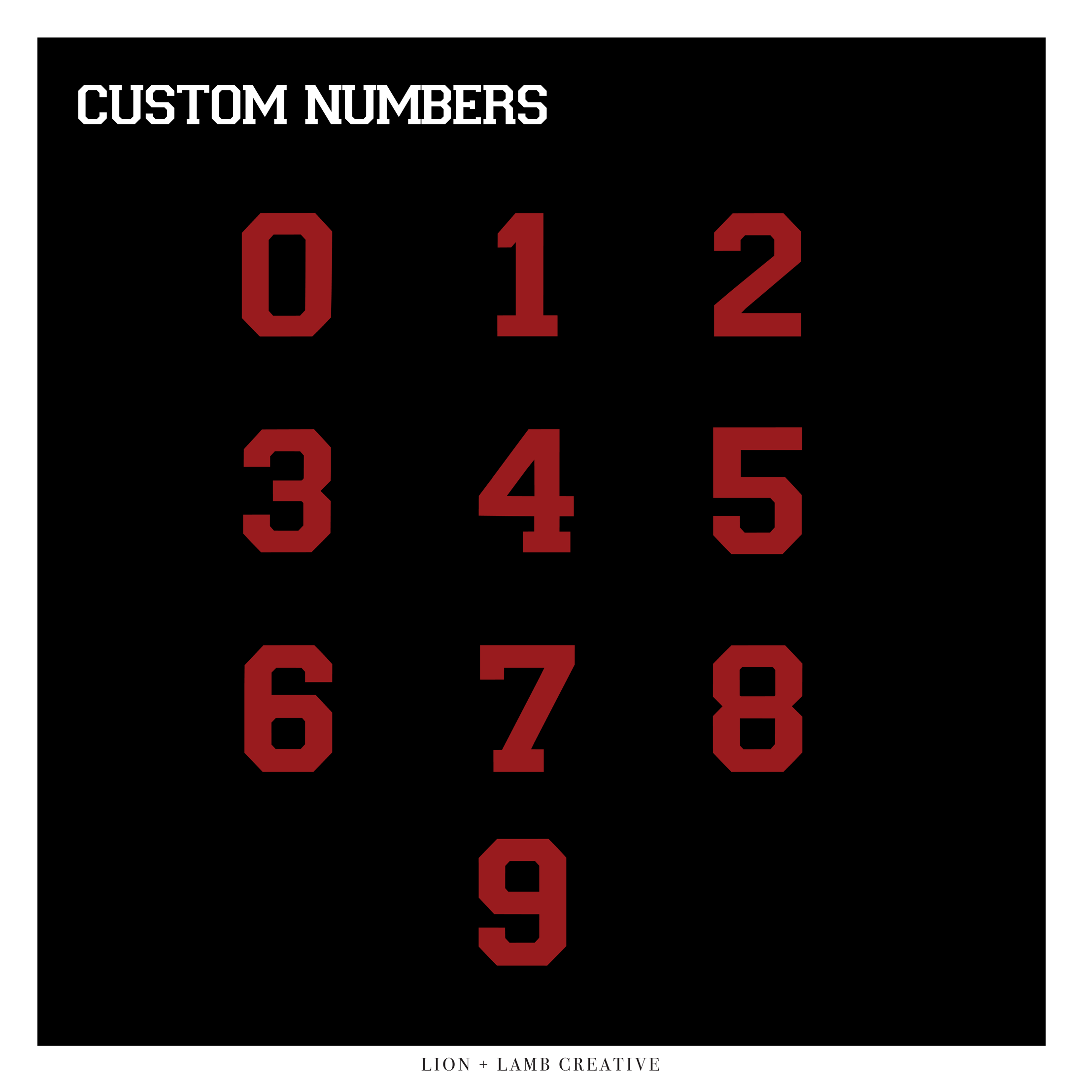 Custom athletic numbers zero through nine designed for PBC Baseball