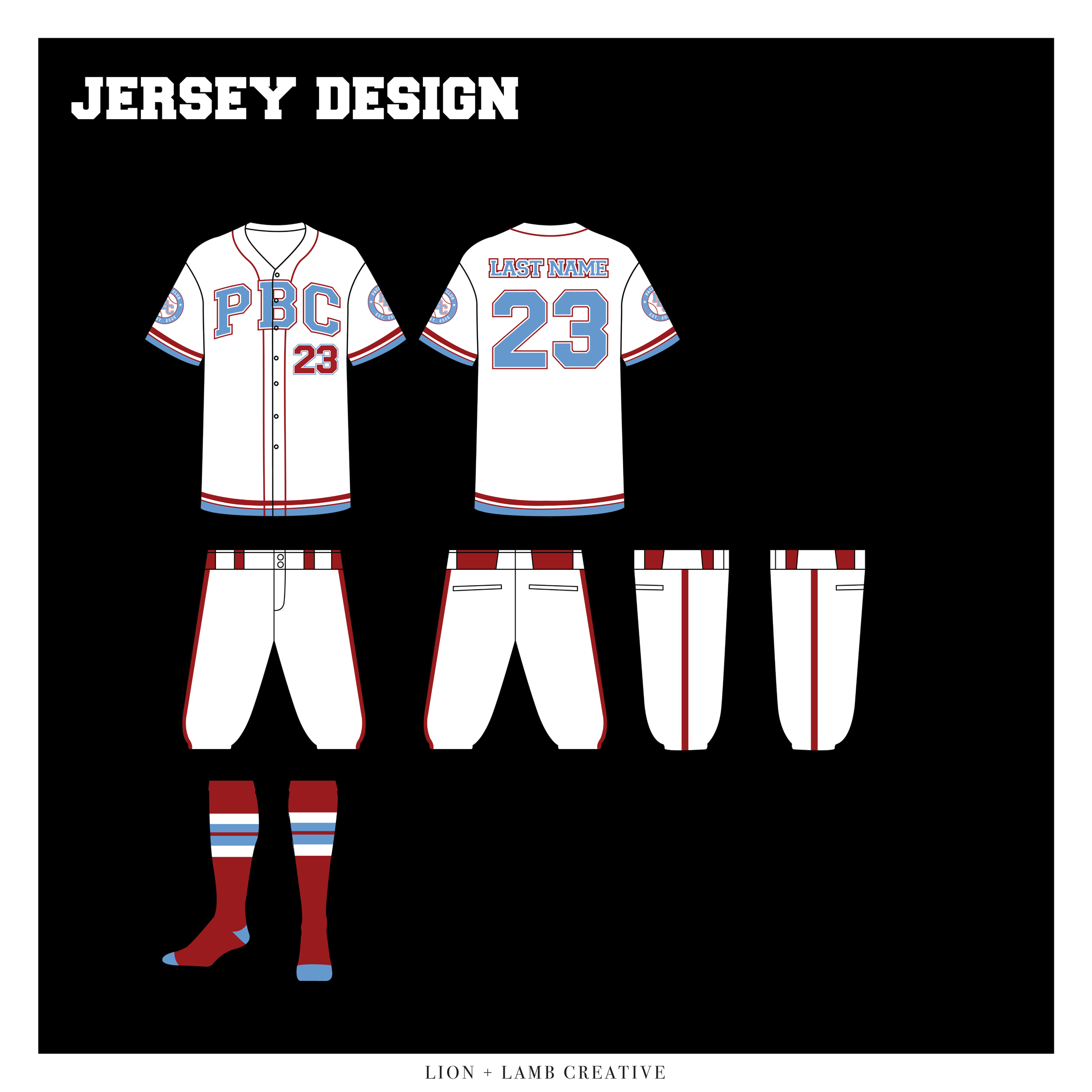 PBC Baseball white jersey, pants, and socks shown on manufacturer uniform dielines