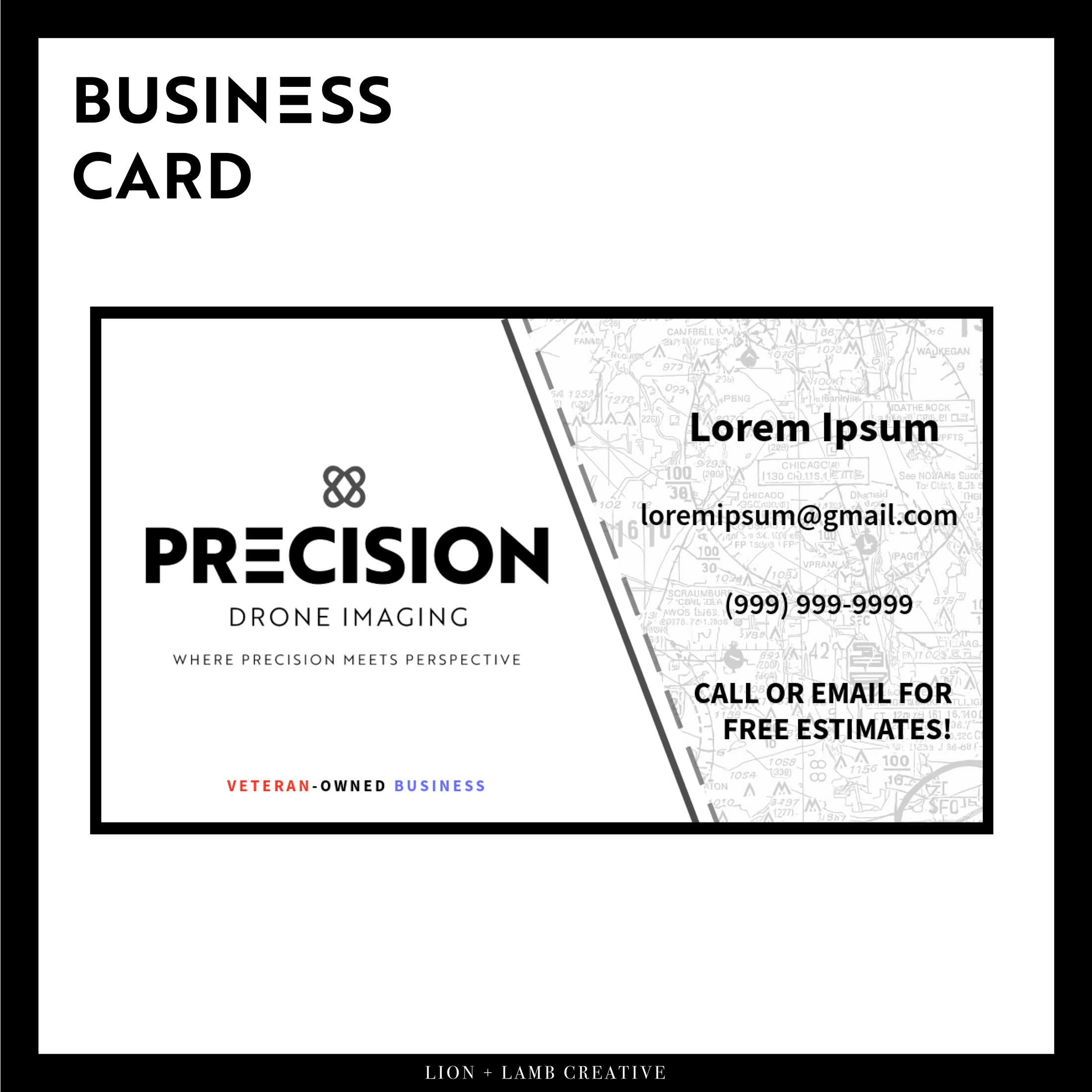 Precision Drone Imaging business card concept with map pattern and veteran-owned message