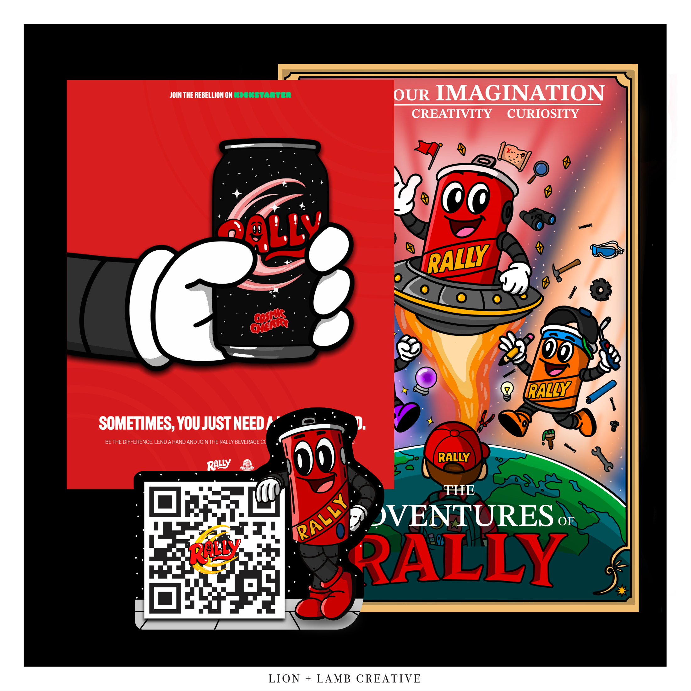 Rally can, mascot, QR card, and illustrated adventure poster applications