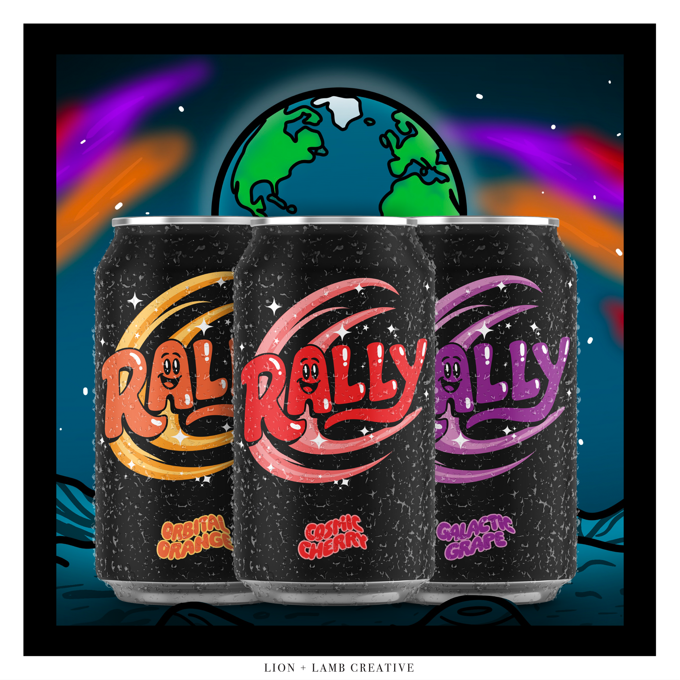 Rally beverage can concepts for Orbital Orange, Cosmic Cherry, and Galactic Grape